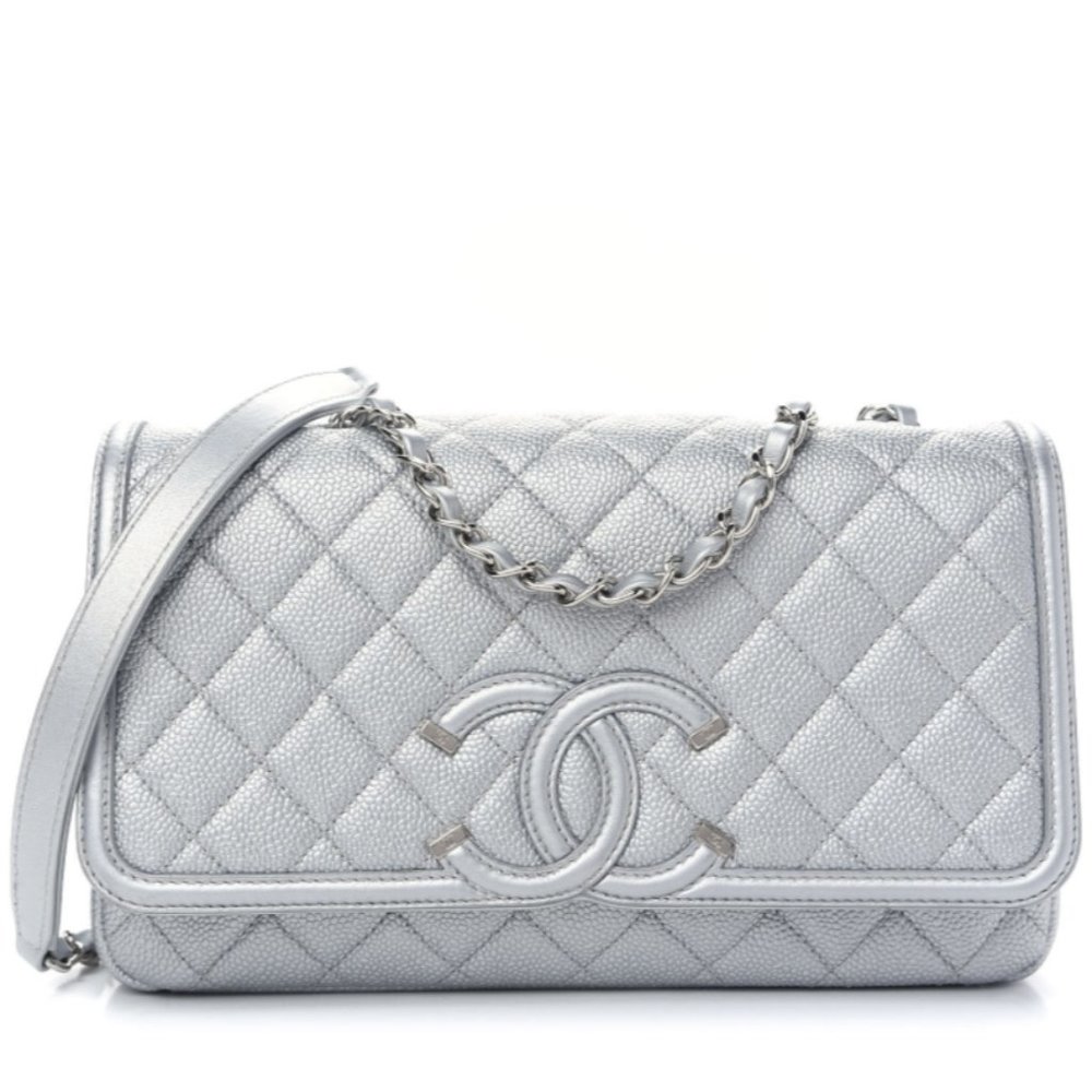 {CHANEL} Metallic Caviar Quilted Medium CC Filigree Flap Silver Crossbody Bag